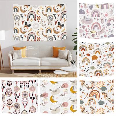 Cartoon Rainbow Unicorn Tapestry Cute Doodle Printed Pattern Polyester Tapestry Wall Hanging Tapestries for Bedroom Dorm Decor