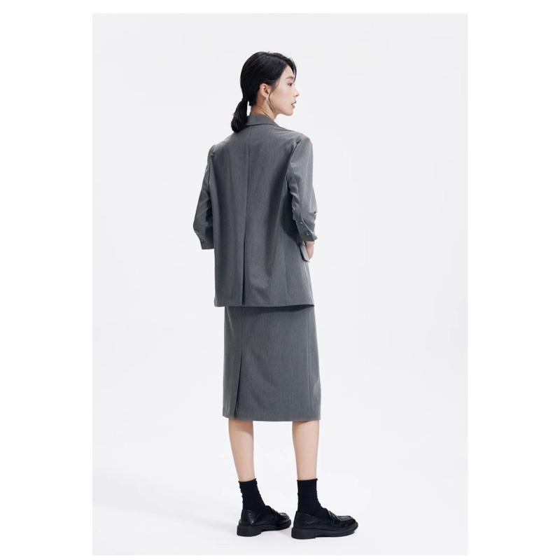 Elegant Grey Women Suit Set Professional Blazer Skirt Formal Business Outfit Interview Office Wear Petite
