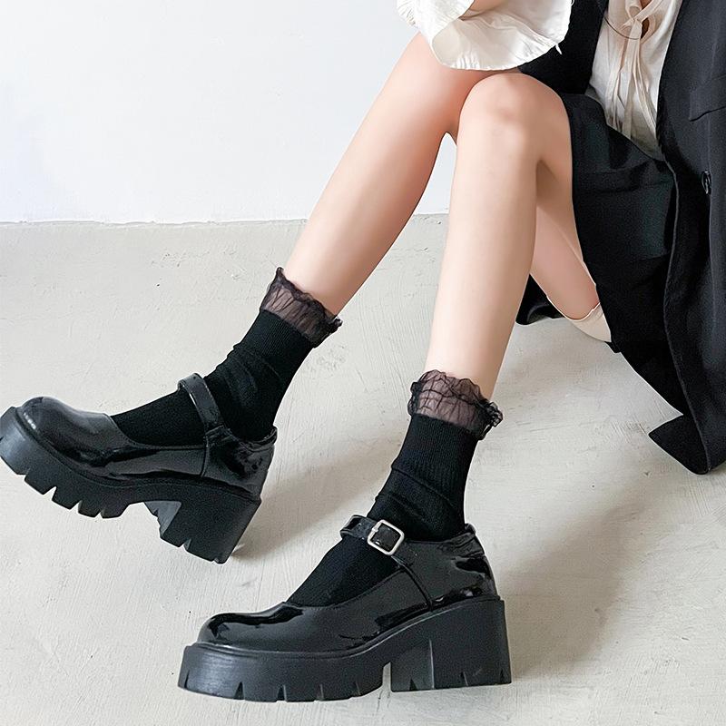 Meias de cano médio de renda de malha coreana para meninas, primavera e verão, finas, estilo japonês doce lolita jk, meias acumuladas