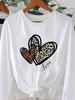(Asian Size) Long Sleeve T Shirt Tee O-neck Leopard Love Heart Print Autumn Winter Spring Women Clothing Casual Fashion Top Graphic T-shirts