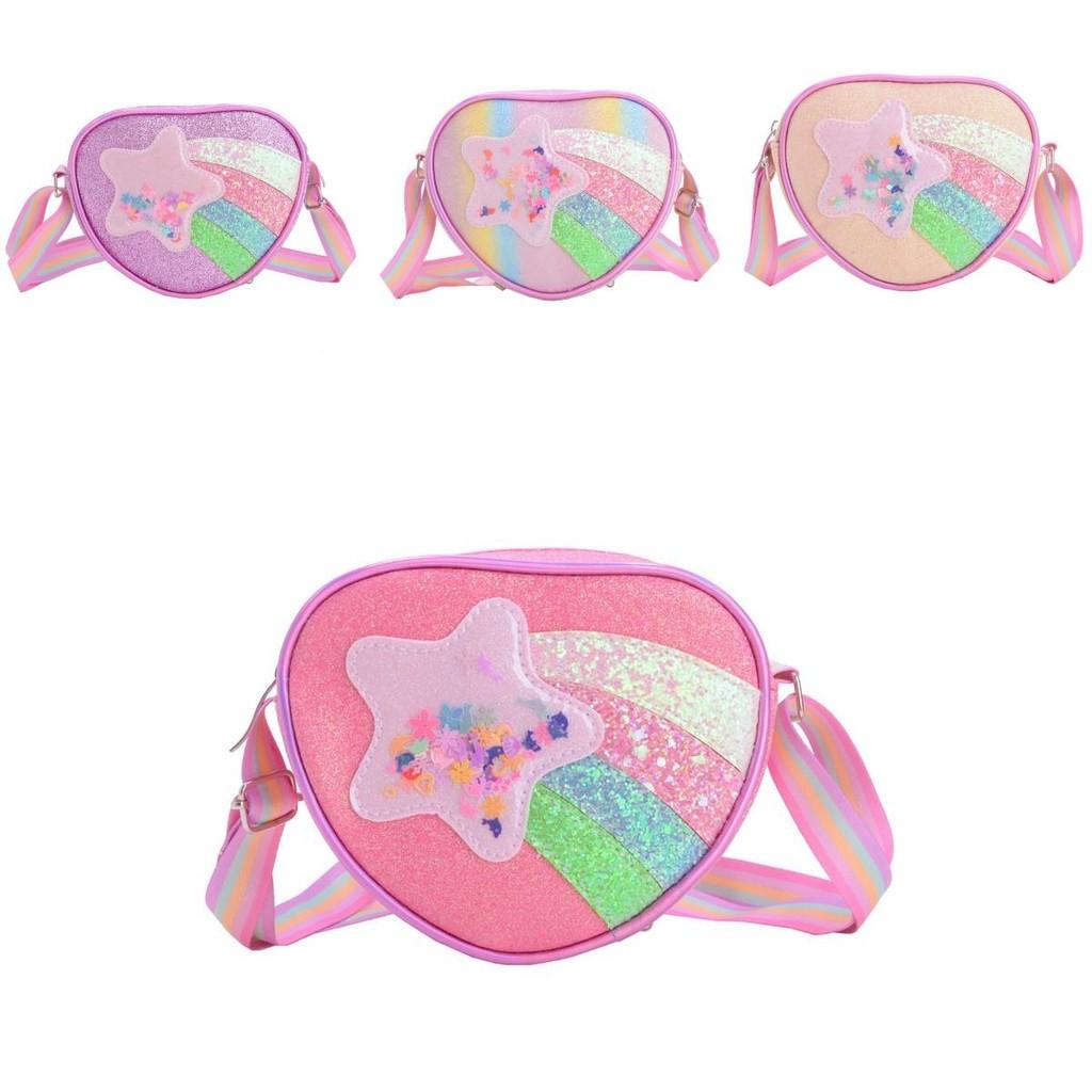 Trendy Shimmering Heart Kids Crossbody Bag In Soft Pink And Rainbow Colors