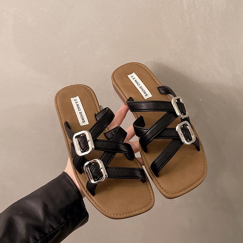Flat Sandals Summer New Square Head Open Toe Metal Buckle Thin with Soft Sole Anti-slip Wear-resistant Slippers