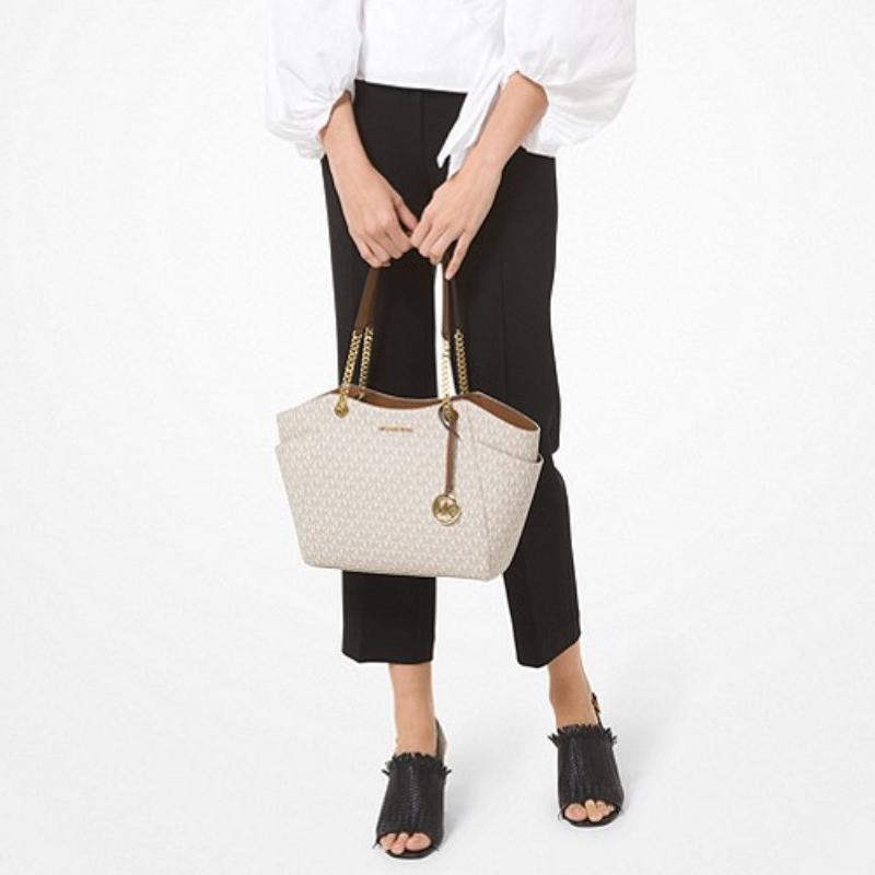 Michael Kors MK Jet Set Chain Monogram Large Logo PVC Tote Bag Women Tote Vanilla-White 35F8GTVE7B-VANILLA