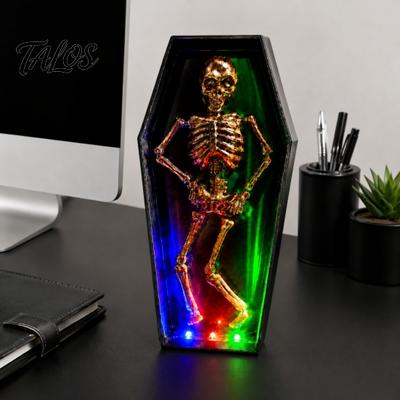 Desktop Halloween Decoration Dancing Skeleton In Casket, Light Up Musical Toy with Automatic LED Lights, Spooky Animated Decor, Party Haunted
