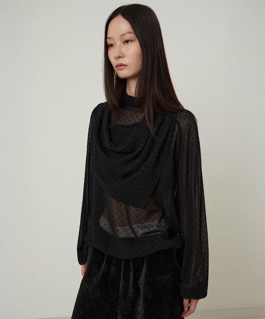 LMOOD WOMEN Polka Dot See-Through High-Neck Blouse Black