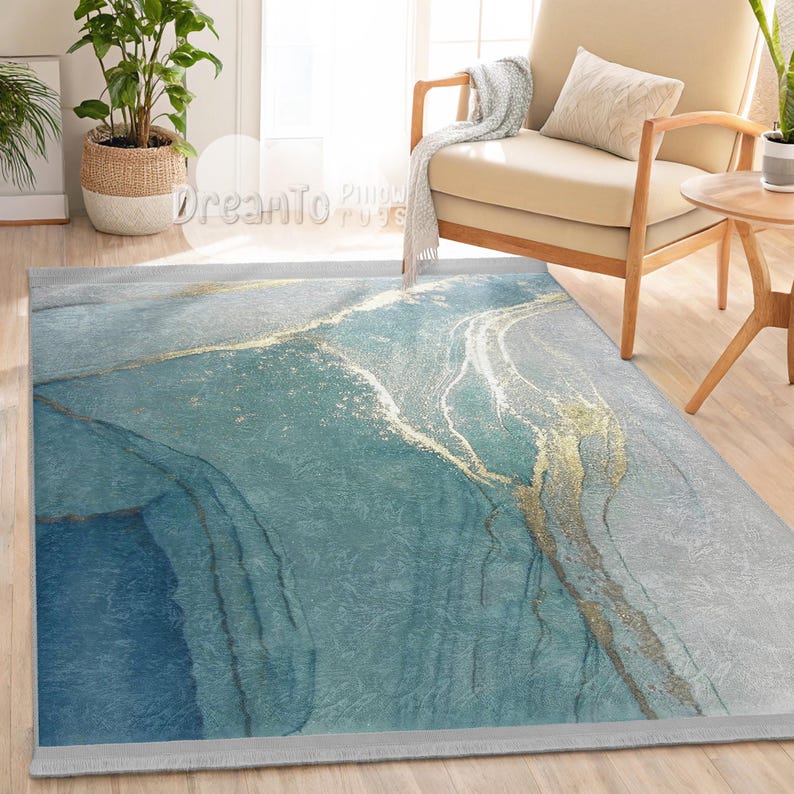 Turquoise Ocean Marble AbstractRug,Elegant Coastal Aqua Decor,Golden Veined Watercolor Interior Mat,Teal Beach Inspired