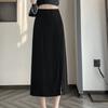 Women's Black High-Waist A-Line Midi Skirt - Slim-Fit Suit Skirt with Side Slit - Korean Style for Spring/Summer