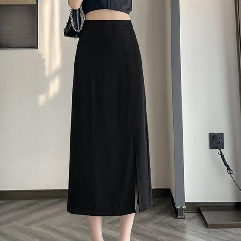 Women's Black High-Waist A-Line Midi Skirt - Slim-Fit Suit Skirt with Side Slit - Korean Style for Spring/Summer