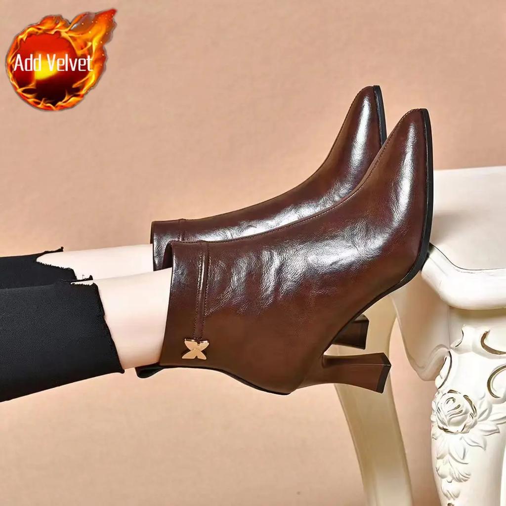 Fashion Woman Short Shoes Pointed Toe Fur Black Leather Ankle Boots for Women Fashion 2025 Pu Boot Autumn Large Size Warm Goth Booties