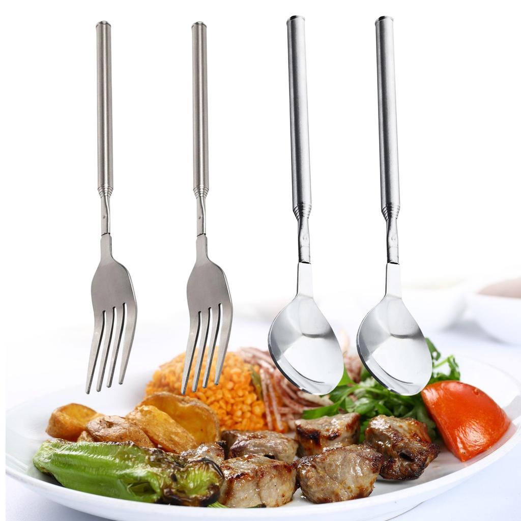 2pcs Telescopic Stainless Steel Cutlery Set Expandable Forks Spoons Accessories for For Grilling Roasting And Serving