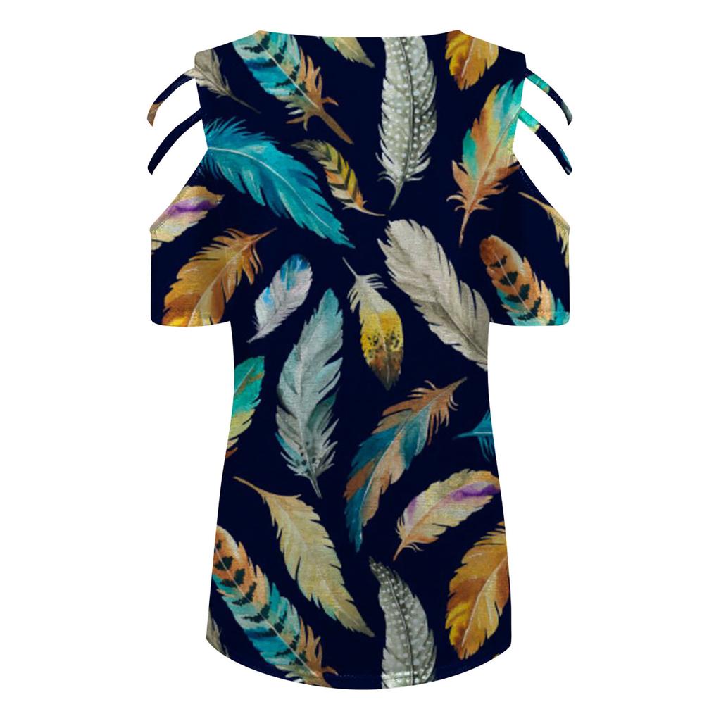 Women's Fashion Casual V-Neck Zipper Printed Off-Shoulder Short-Sleeved T-Shirt Top