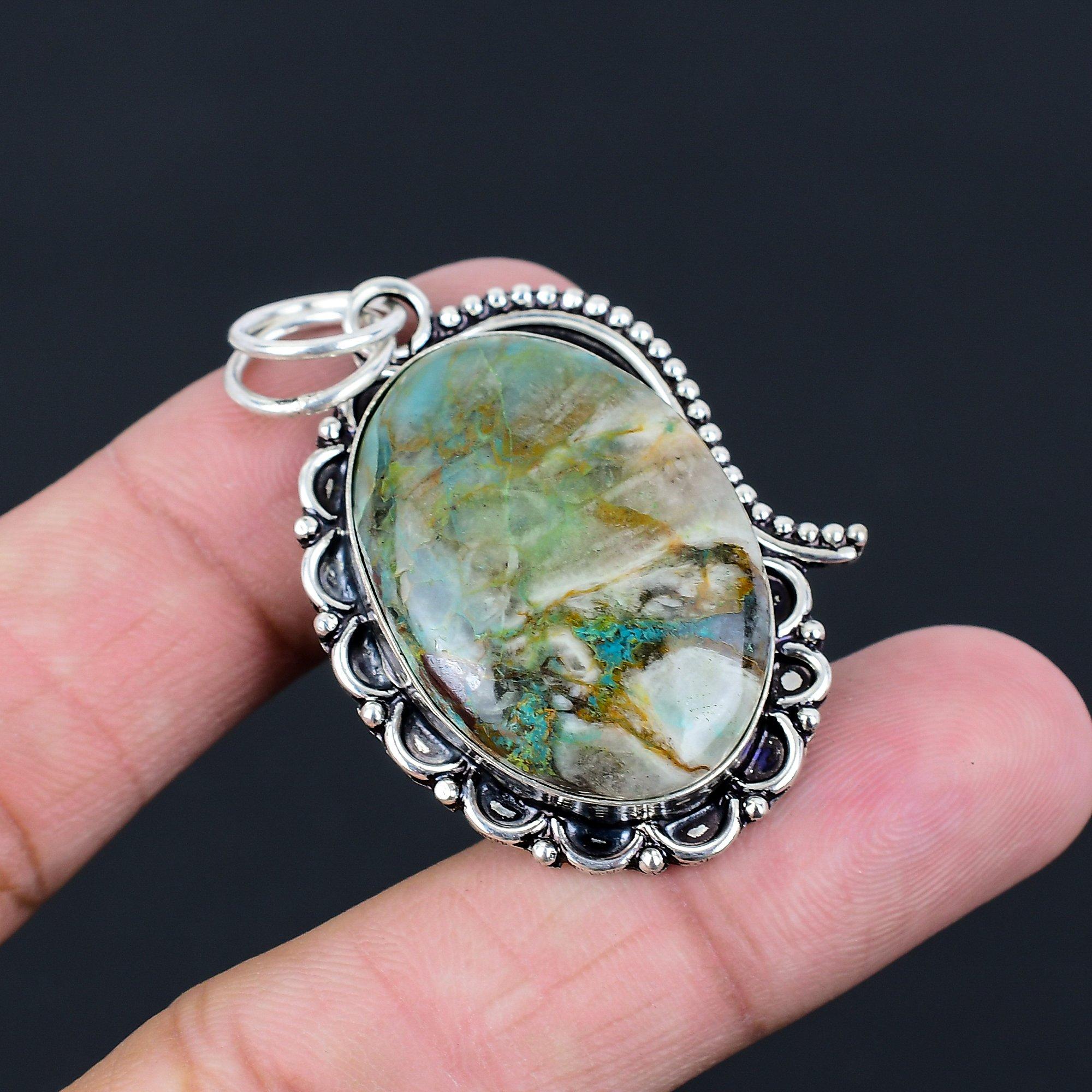 Natural Chrysocolla Gemstone Pendant Blue 925 Sterling Silver Indian Jewelry