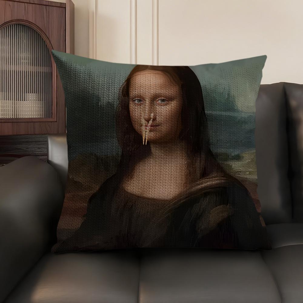 Copricuscino Mona Lisa con Perle Ragazza Lino Naturale Tessuto Biologico Stampa Double-Sided Divano Decorazione Casa Federa Regalo