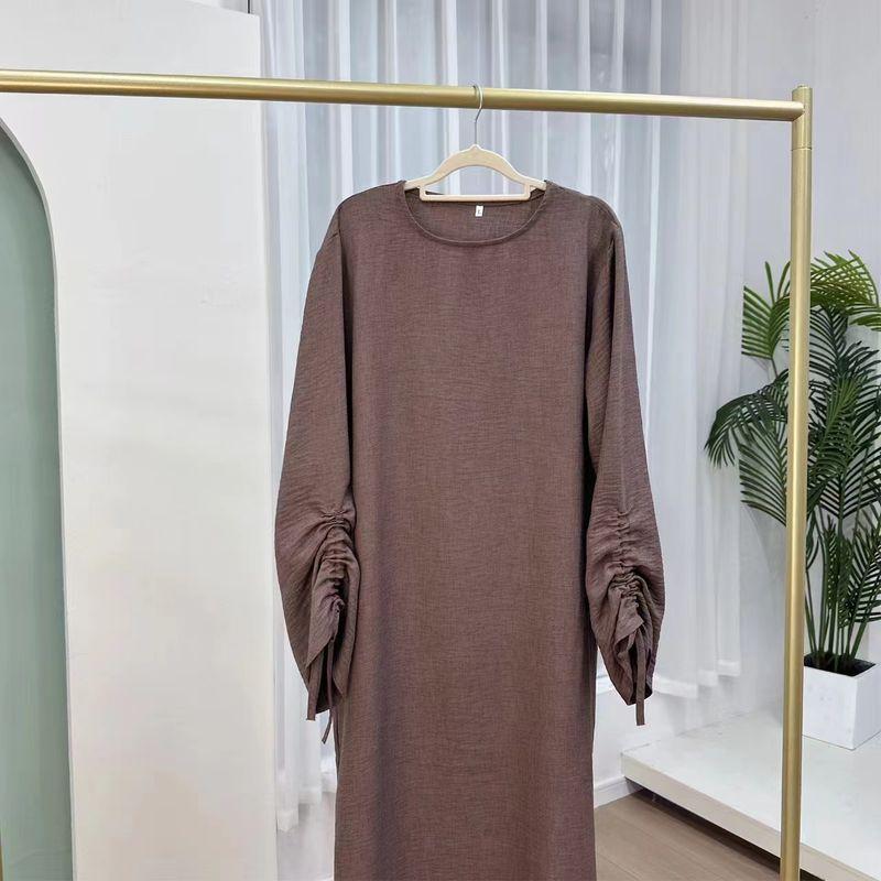 

Middle East New round Neck Pure Color Cuff Shoelace Dress round Neck Cuff Lace up Dress Mocha M