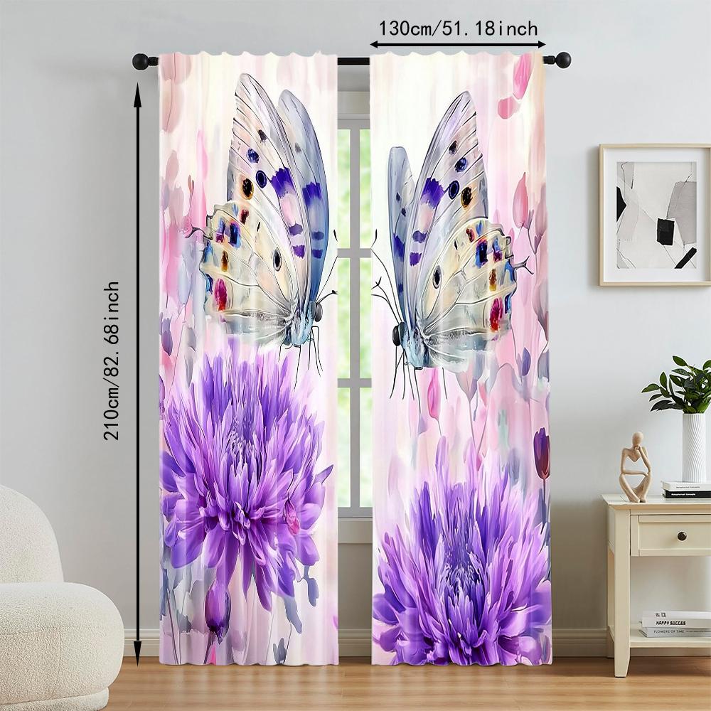Flower Butterfly Digital Printed Window Curtains Polyester Material Suitable Living Room Kitchen Bedroom Study Dining Set Of 2 Made Great Decor