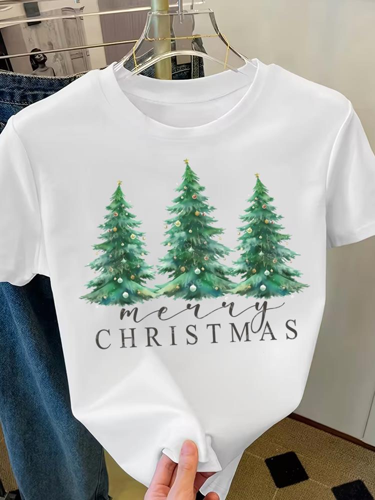 (Asian Size) Sweet Cute Merry Christmas Short Sleeve T-shirts Women's Top O-neck T Shirt Print Fashion Casual New Year Clothing Graphic Tee