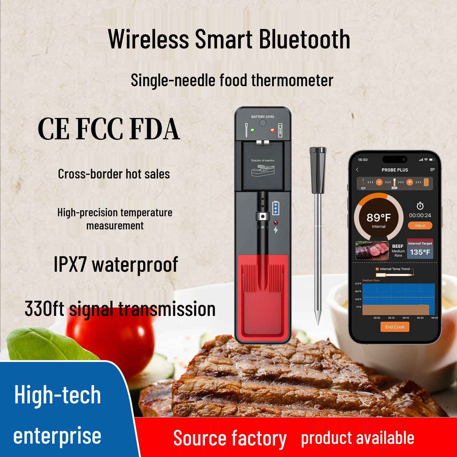 

Беспроводной Bluetooth термометр с одной иглой и цифровым дисплеем для духовки и жарки мяса Temperature range: -10°C to 105°C
