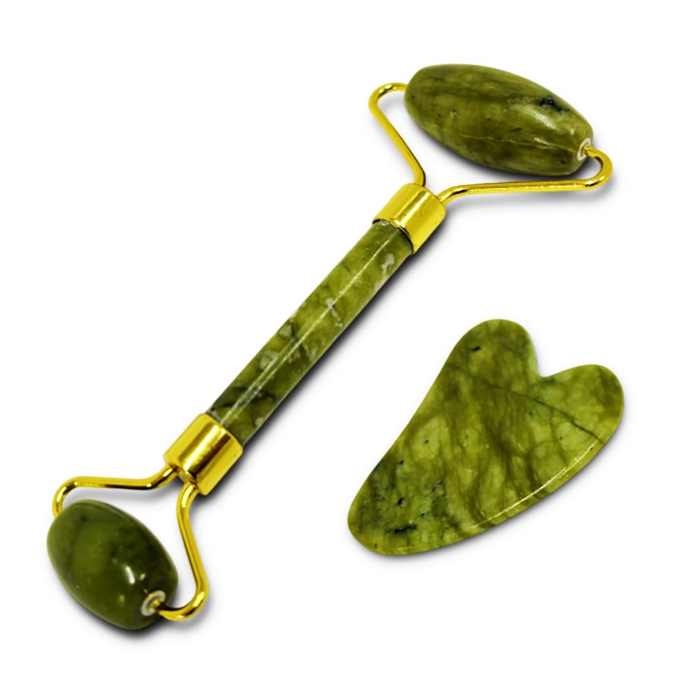 

Face Roller & Gua Sha Set, Made with 100% Natural Jade Stone, Face Massage, Wrinkle-Resistant, Slimming Face Care