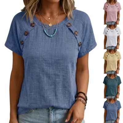 Women's New Fashion Summer -Color Round-Neck Short-Sleeve Casual Shirt Top With Buttons