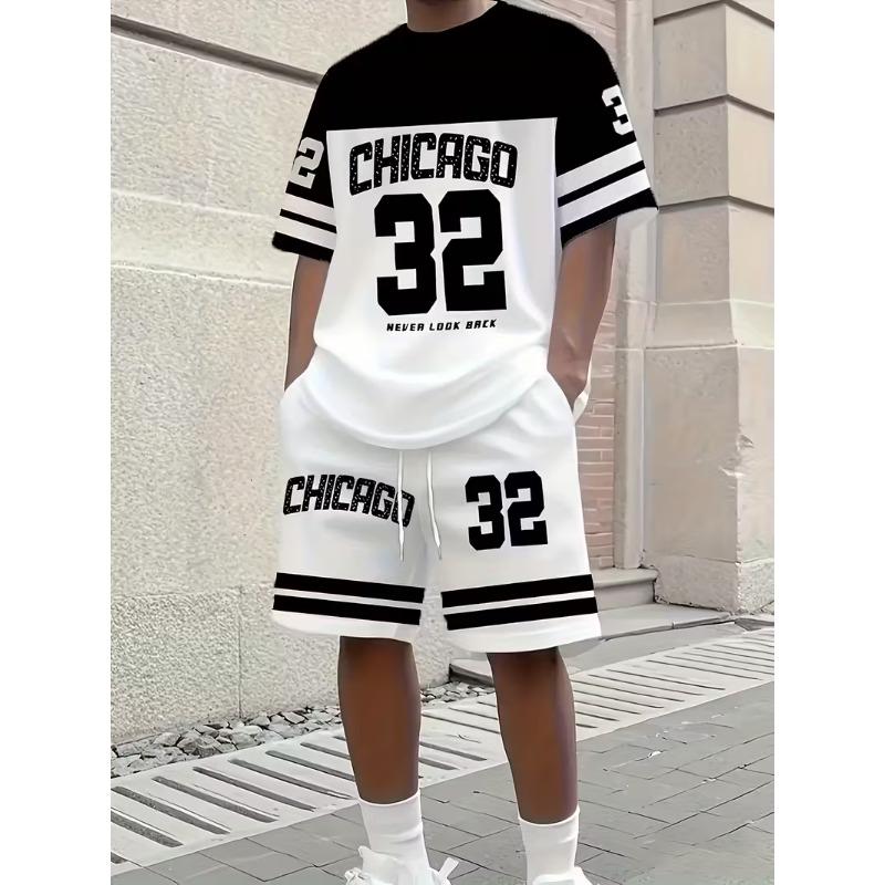 Summer Men's Casual Chicago NO.32 Print Short Sleeve T-Shirt & Shorts Set Round Neck Short Sleeved Women's T-shirt Shorts Set