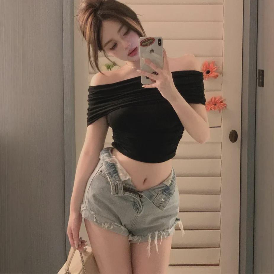 Top Corto Ajustado de un Hombro - Camiseta Básica Sexy de Cintura Ceñida