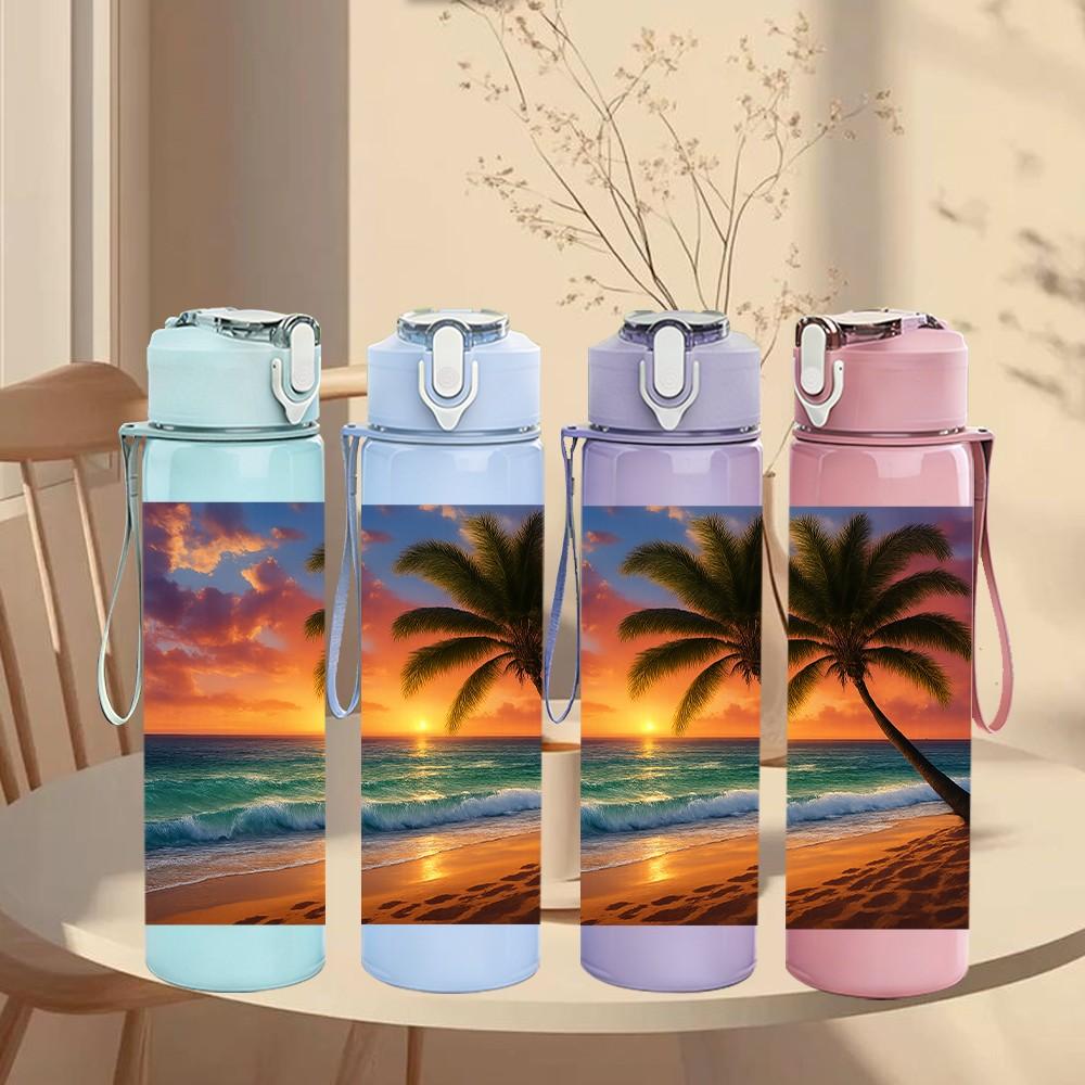1PC Palm Tree Beach Sunset Ocean 750ml Color Plastic Sports Water Bottle Leakproof Flip Straw Lid Suitable for Sports Office Home Use