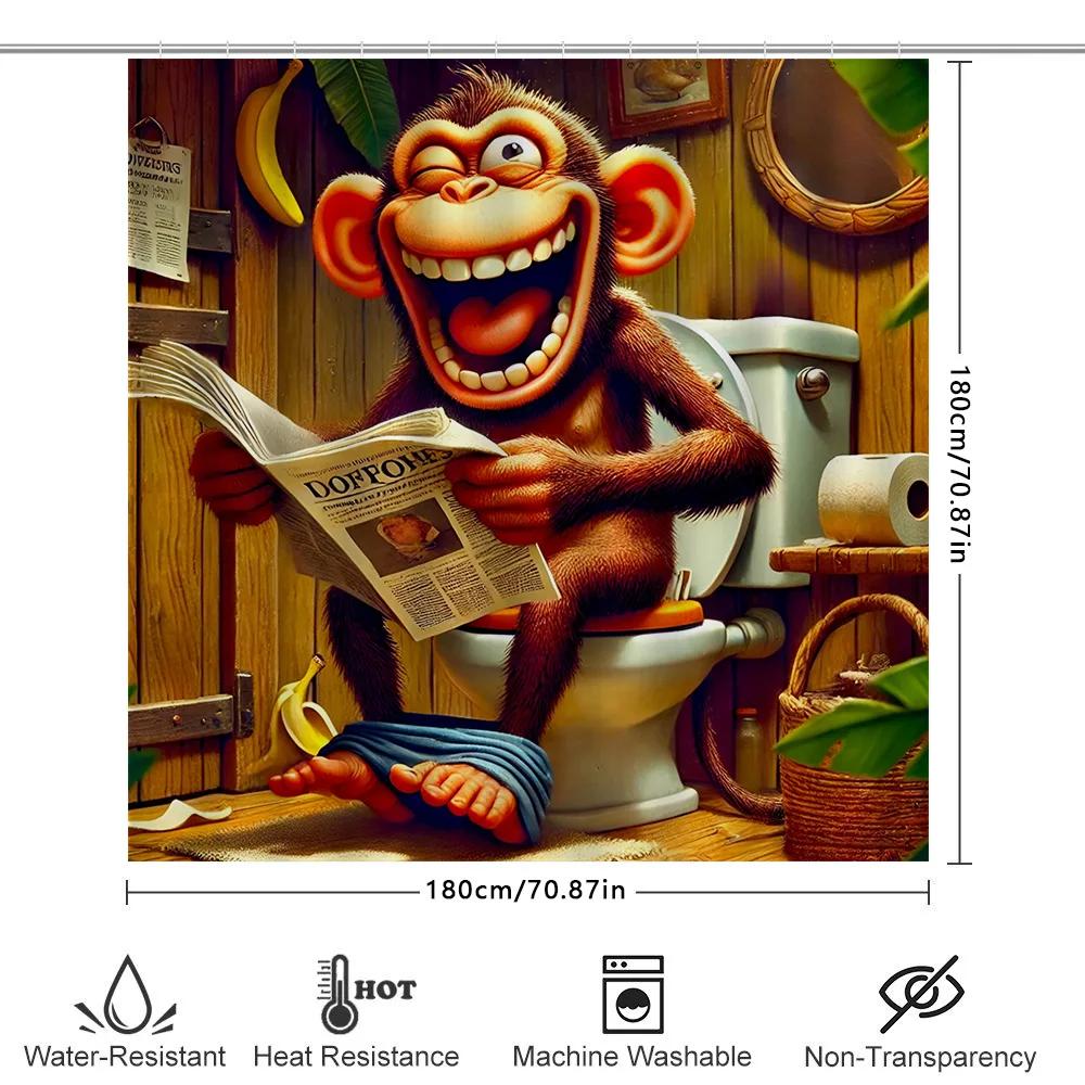 Comical Monkey Reading Toilet Paper Shower Curtain Bathroom Decor 3D Printed Waterproof Home Accessories for Kids' Bathrooms