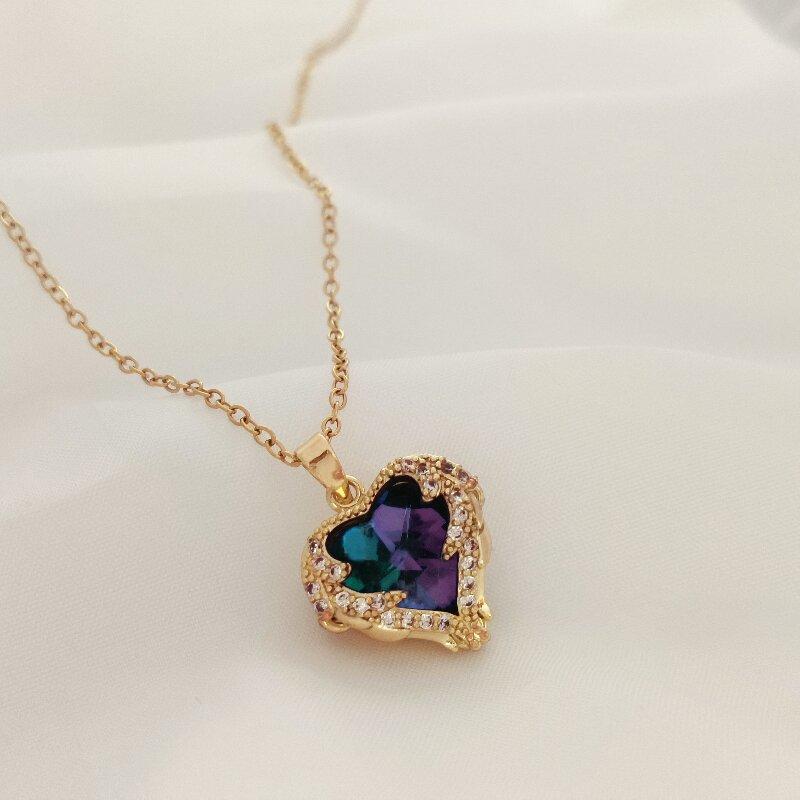 1 Pcs Fashion New Heart of the sea necklace women light luxury color crystal love pendant collarbone chain jewelry