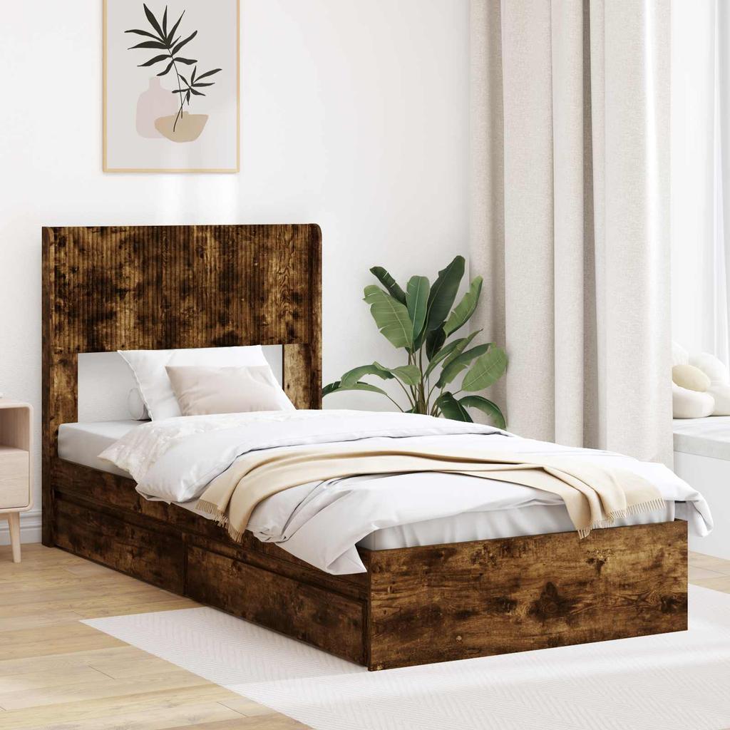 Bed Frame with Storage Space and Headboard Smoked Oak