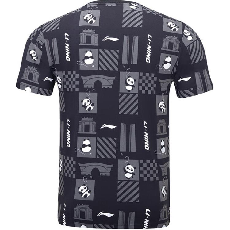 Li Ning Badminton Chengdu Panda Element Thomas Cup Rundhals Bequem Gedenk Kulturell Kurzarm T-Shirt Unisex T-Shirt Schwarz AHSUA45-1