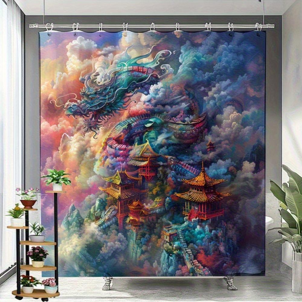 Mystical Dragon Temple Print Waterproof Shower Curtain for Bathroom, Fantasy Landscape Design High-End Toilet Partition Curtain