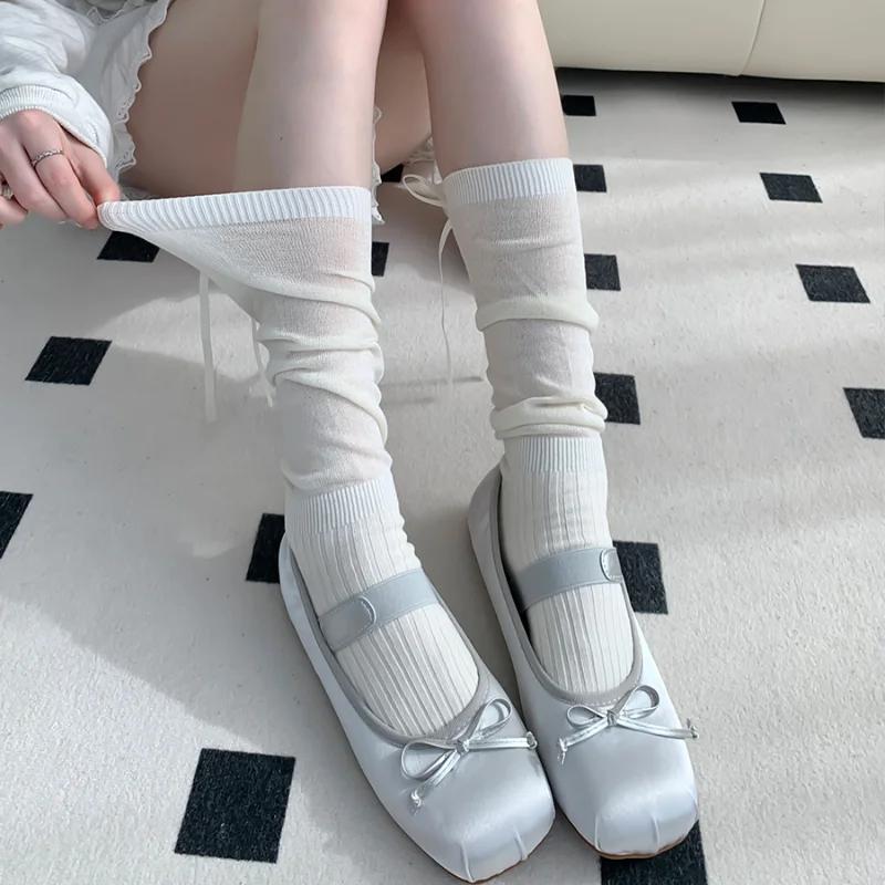 1/2/5 Pairs Lolita Long Socks Women Summer Ultra Thin Breathable Bandage Ribbon Bow Sweet Girls JK Black White Stockings