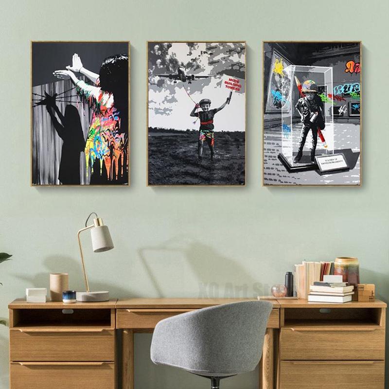 Banksy Graffiti-Kunst auf Leinwand, Gemälde an der Wand, Kunst, Poster und Drucke für Wohnzimmer, Home-Office, Dekoration, rahmenloses Dekor, Geschenke