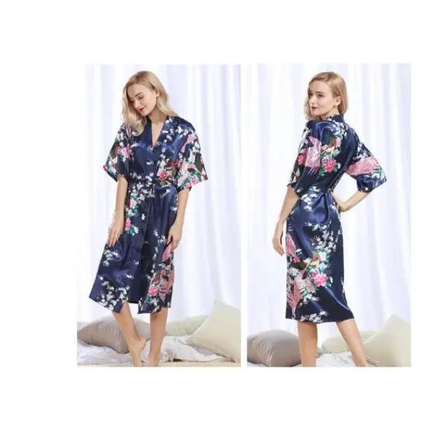 

Женские шелковые атласные халаты-кимоно, длинная пижама, халат с цветочным принтом и павлиньим узором, для вечеринки, свадьбы, подружки невесты L тёмно-синий
