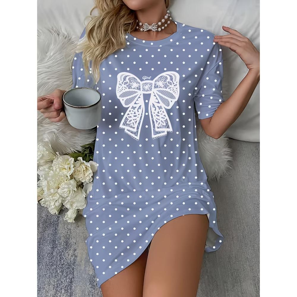 Women's casual polka dot print bow tie four-season dress