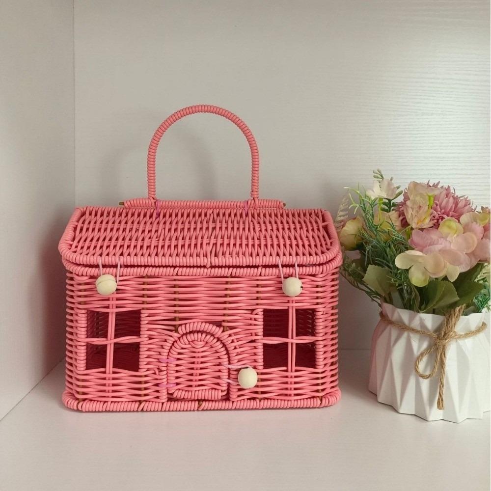 House Shaped Handheld Gift Box Vintage Style Woven Storage Basket Picnic Supplies розовый