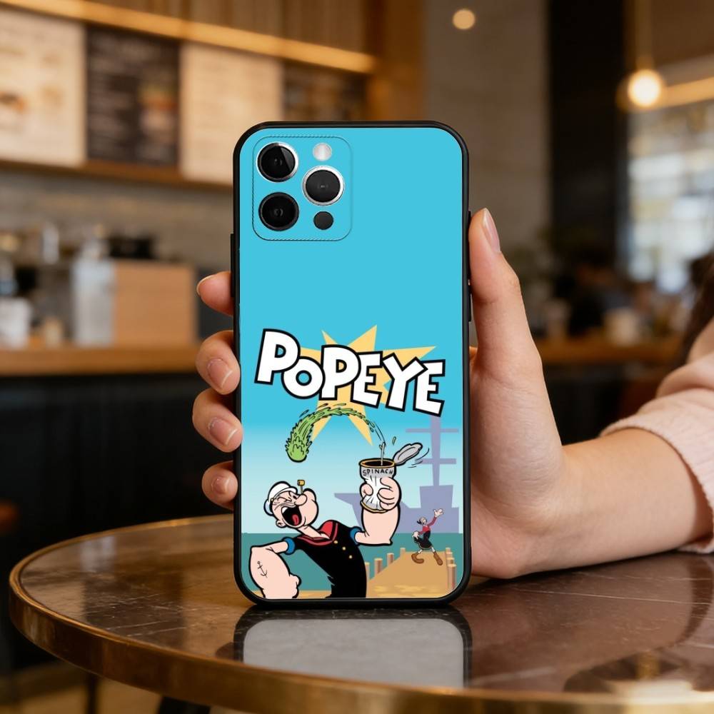 P-Popeye CARTOON Phone Case For iPhone 17,16,15,14,13,12,11 Plus,Pro Max,Soft Silicone Black Cover