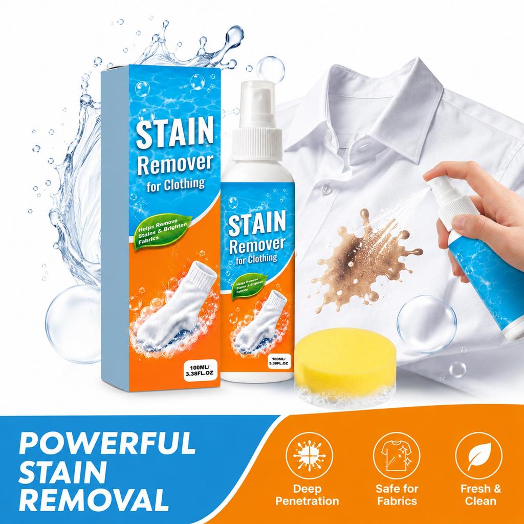 Stain Remover for Clothing Spray 100ml Effective On Oil Stains Coffee Stains Food Stains Fabric Cleaner Spray with Sponge Applicator