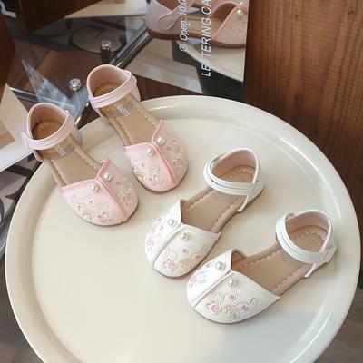 Girls Pearls Embroidered Sandals Chinese Style Kids Toes Capped Princess Shoes Children Half Sandals Anti-Slippery 2024 New