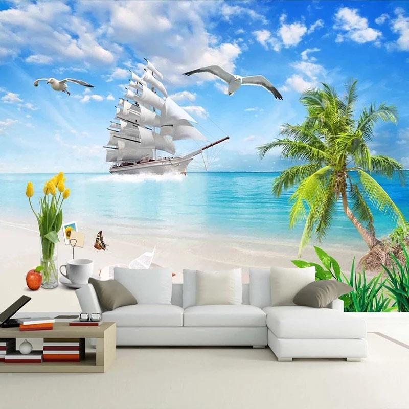 Custom Mural Wallpaper 3D Seaside Landscape Coconut Tree  Wall Mural Living Room Bedroom Hotel Wallpaper