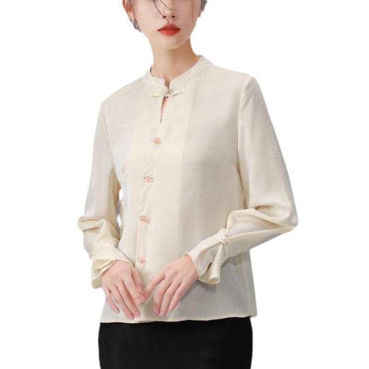 New Age Reducing Chiffon Shirt for Women Chinese Style Small Stand Up Collar Flare Spring Autumn Blouse Good Looking