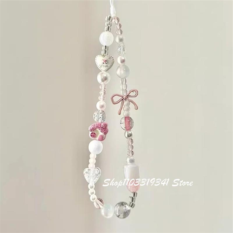 Korea Cute Pink House Bowknot Pearl Beaded Phone Charm Chain For Phone Case Cute Mobile Straps Accessories Keychain Jewelry Gift