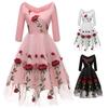 Rochie Midi de Bal Brodată cu Trandafiri Roșii pentru Femei Invitată la Nuntă Domnișoară de Onoare Petrecere Cocktail Seară Plasă Tulle Mânecă 3/4 Ținută Ocazie Formală
