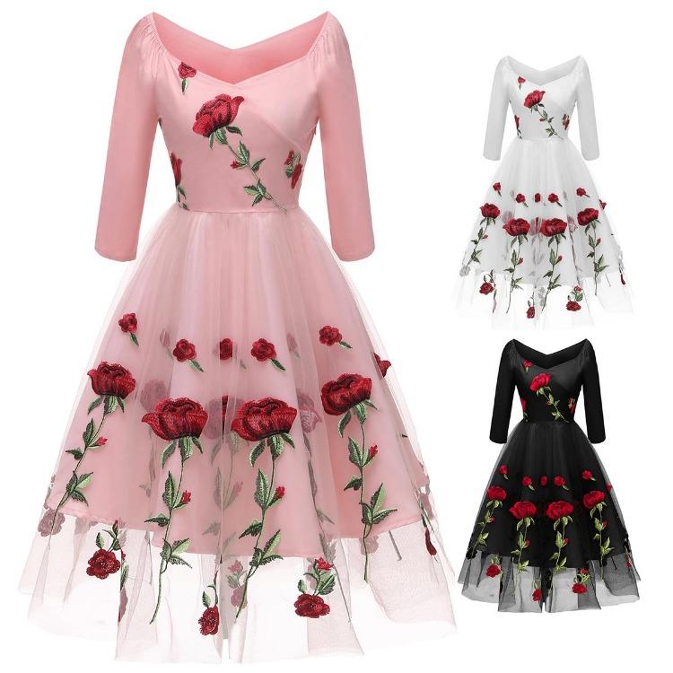 Rotes Rose Besticktes Midi-Ballkleid für Damen Hochzeitsgast Brautjungfer Cocktail-Abendparty Netz Tüll 3/4 Ärmel Formelles Anlass Outfit