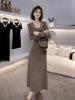 Pure Desire Gentle Temperament Splicing Lace-up Long-sleeved Knitted Dress Women's Early Autumn New Waist and Thin Long Dress Women's Clothing