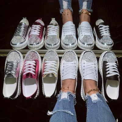 Women's Rhinestone Flat Sneakers - Stylish Lace Up Low Top Shoes for Outdoor Activities