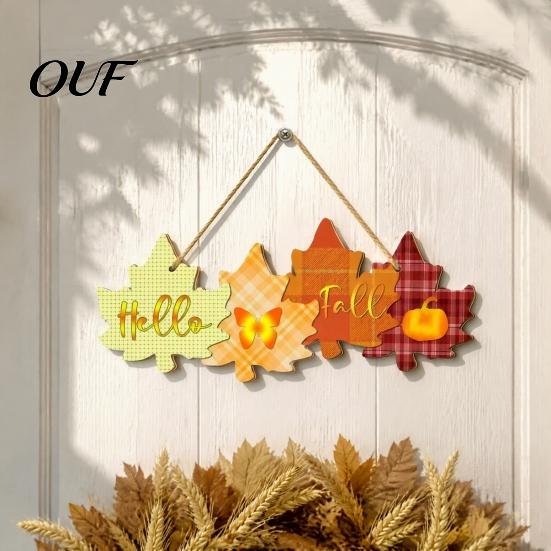 Holiday Hanging Welcome Plaque Autumn Sign with Rope for Front Door, Rustic Maple Leaf Shape Wood Thanksgiving Home Wall Art Decor Pumpkin And