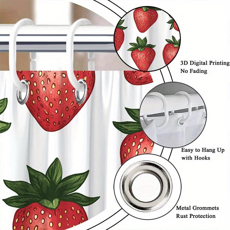 1 Bright Red Strawberry And Green Leaves Shower Curtain - Washable Polyester With Hooks, Playful Fruit Pattern For Bathroom