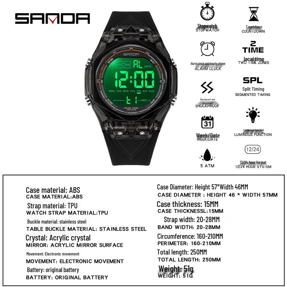 Sanda Waterproof Sports Watch: Multifunctional with Countdown, Dual Time Zone, Alarm for Students