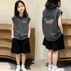 Girls' Sleeveless Cotton Vest & T-Shirt Set - Casual Summer Two-Piece for Medium & Large Girls